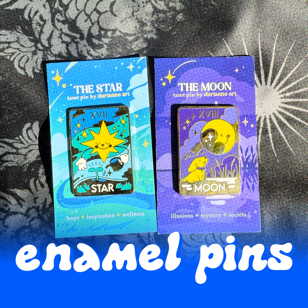 a picture of two different enamel pins and their backing cards. one is for the star arcana, which represents hope. the other is for the moon arcana, which represents mystery.